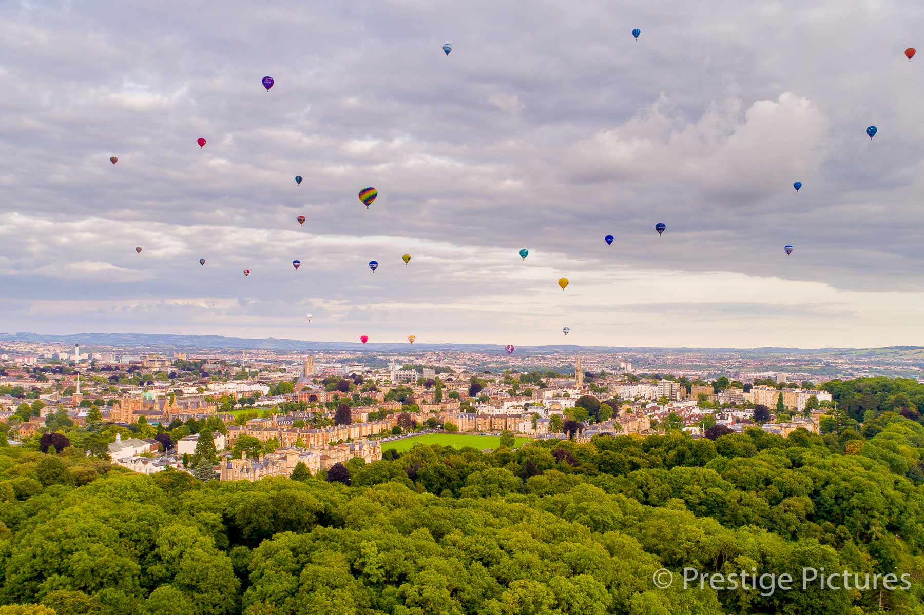 aerial view of 30 hot air balloons over Bristol