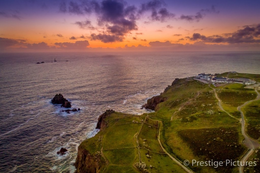 Sunset at Lands End in England, aerial